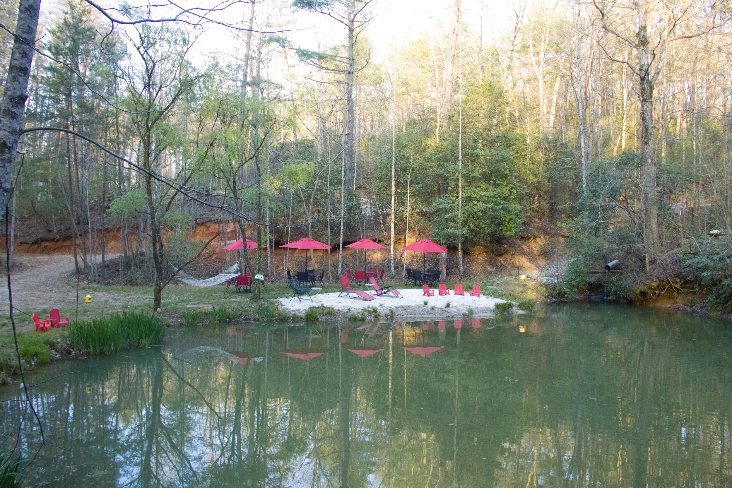 Hearthstone Cabins Helen GA Pond and Seating